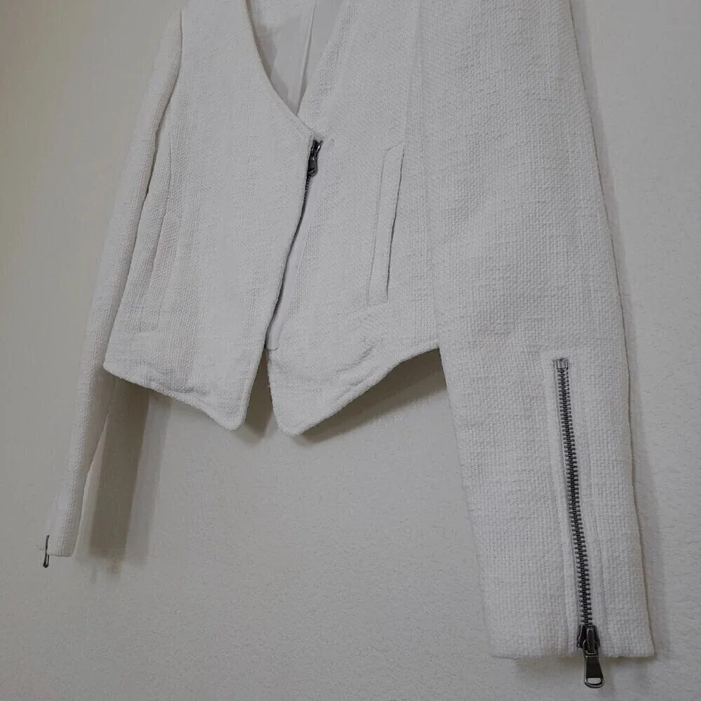 TIBI NY 100% Cotton Cropped Asymmetrical Knit Moto Jacket White 6 Quirt Luxury